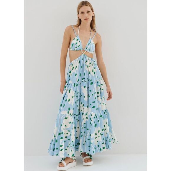 monse asymmetrical floral slit dress 3D Floral Sleeveless A-line Slit Gown by GLS Gloria GL3250 XL / Blue/Peach